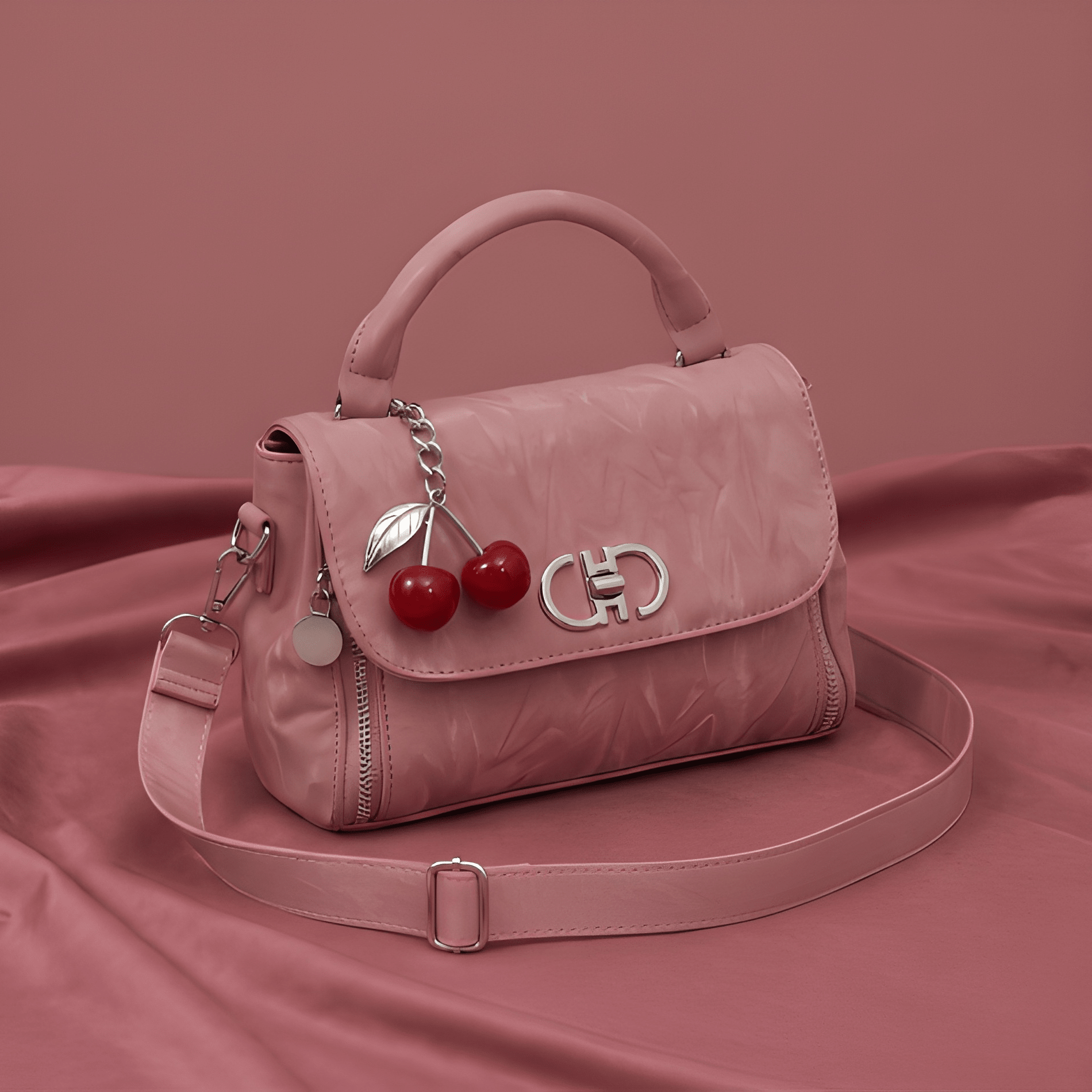 The Cherry Charm: Wrinkled Texture Handbag