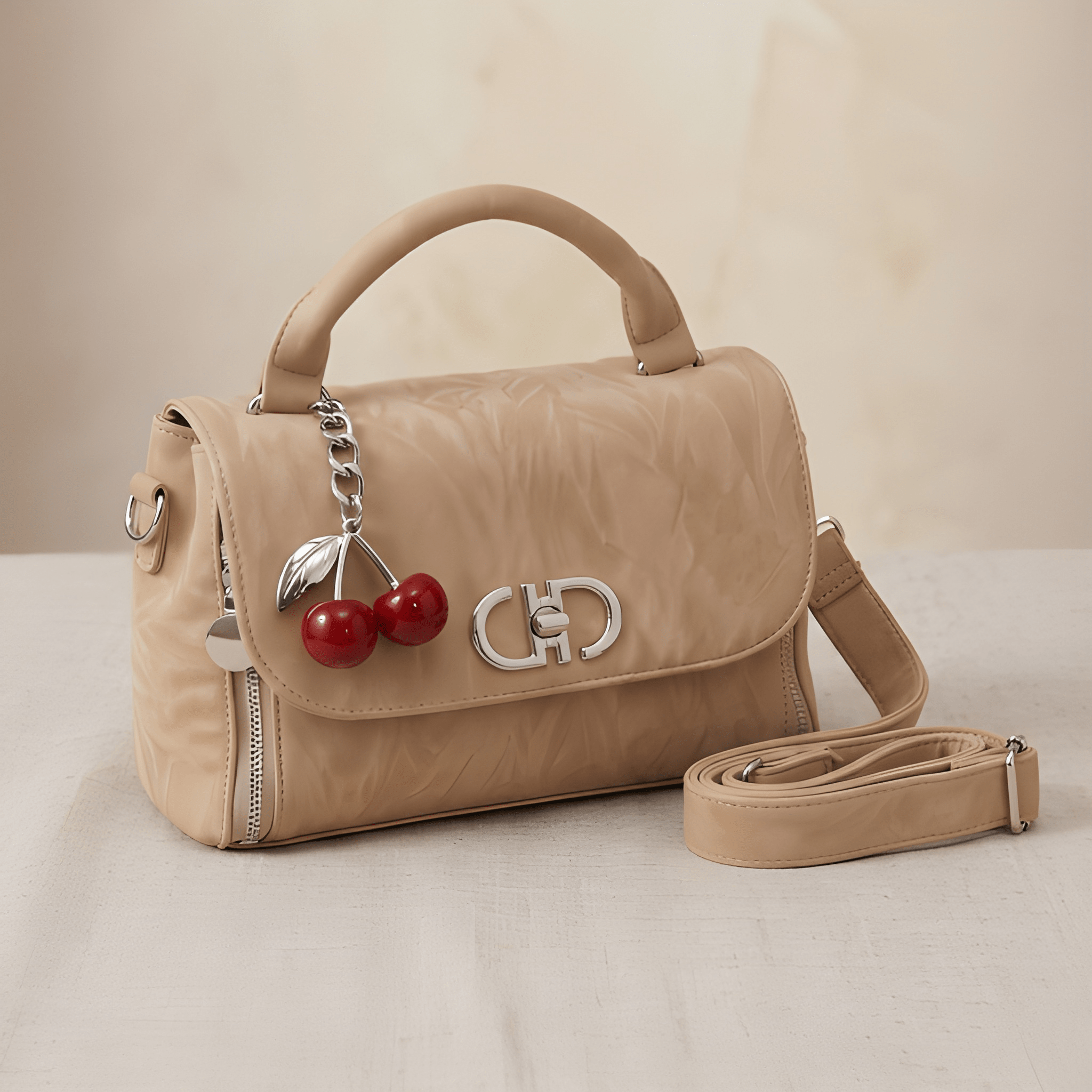 The Cherry Charm: Wrinkled Texture Handbag